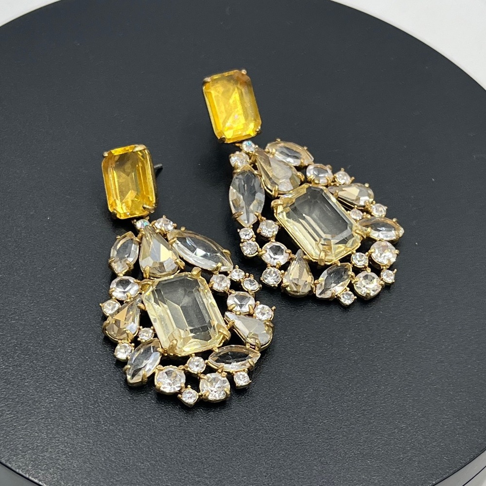 J. Crew Yellow and Clear Cluster Drop Crystal Rhinestone Statement Earrings